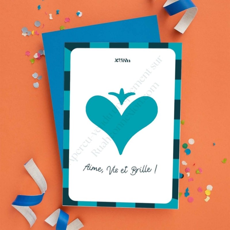 Carte "Aime, vis et brille" coeur bleu clair et bleu foncé