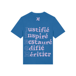 T- Shirt " Jireh " coloris Mindful blue et typographie lilas.